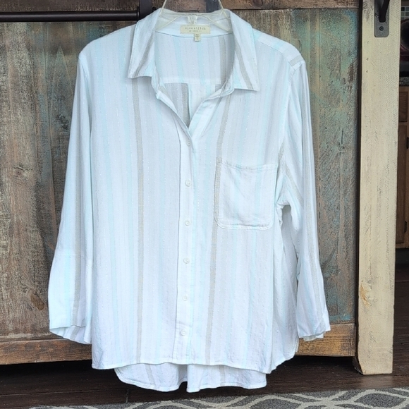 Side Stitch Tops - Side Stitch Coastal Linen Striped Button Down - Women's Large